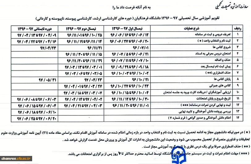 تقویم آموزشی سال تحصیلی ۹۷-۱۲۹۶ دانشگاه فرهنگیان 2