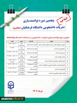 اصلاحیه پنجمین دوره توانمندسازی نشریات دانشجویی دانشگاه فرهنگیان