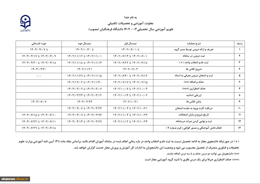 تقویم آموزشی سال تحصیلی ۱۴۰۳-۱۴۰۲ دانشگاه فرهنگیان 2