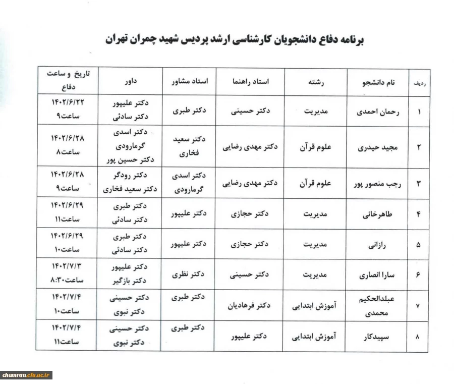 برنامه دفاع دانشجویان کارشناسی ارشد پردیس شهید چمران
 2