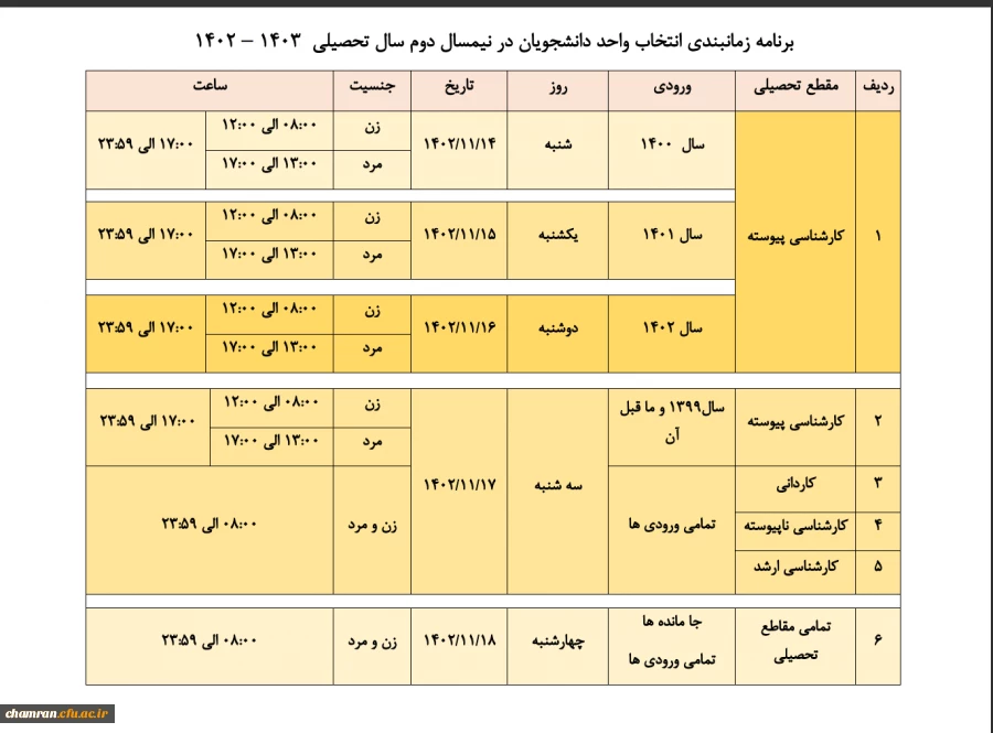 برنامه زمانبندی انتخاب واحد دانشجویان در نیمسال دوم سال تحصیلی ۱۴۰۳–۱۴۰۲ 3