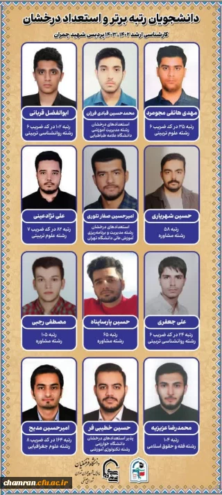 دانشجویان رتبه برتر و استعداد درخشان کارشناسی ارشد ۱۴۰۳-۱۴۰۲ پردیس شهید چمران
