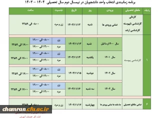 برنامه زمانبندی انتخاب واحد نیمسال دوم سال تحصیلی ۱۴۰۴–۱۴۰۳