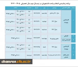 برنامه زمانبندی انتخاب واحد دانشجویان در نیمسال دوم تحصیلی ۱۴۰۵-۱۴۰۴ 2