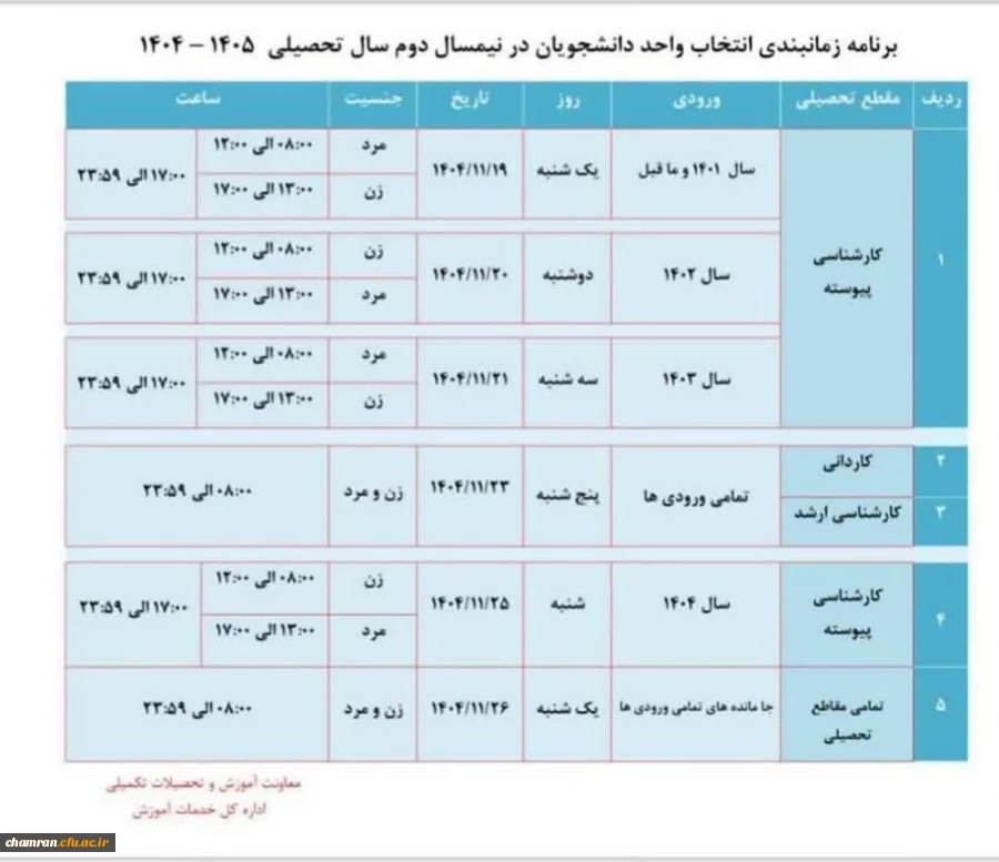 برنامه زمانبندی انتخاب واحد دانشجویان در نیمسال دوم تحصیلی ۱۴۰۵-۱۴۰۴ 2